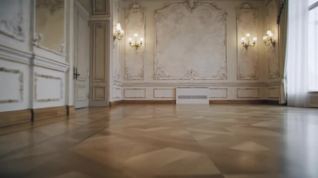 Empty, opulent classical ballroom with rococo stucco, vaulted ceilings, and parquet floor. Soft ambient light, crane and dolly video reveals vast details. Timeless grandeur and luxury concept