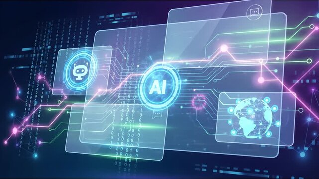 Futuristic technology artificial intelligence automation machine learning data network digital interface hologram panel chatbot icon virtual reality cyber technology innovation global data network