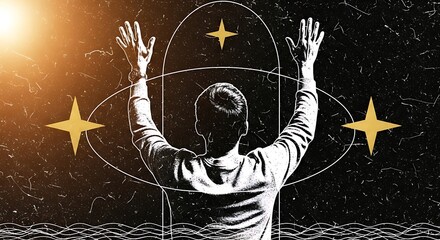 A black and white silhouette of a person with arms raised stands before a cosmic backdrop featuring golden stars and geometric halos under a warm celestial light.