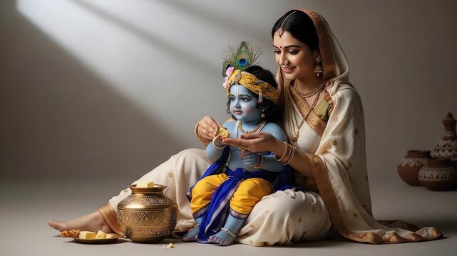 Mother Bathing Baby Krishna with Love and Care.