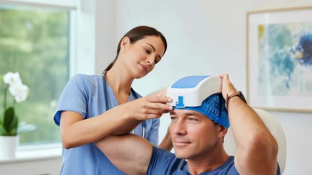 Medical professional fitting cooling cap on man for hair loss prevention. Woman assisting male patient with scalp treatment during chemotherapy.