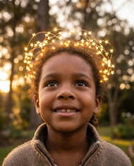 Joyful child under magical starry headband in enchanting sunset forest setting