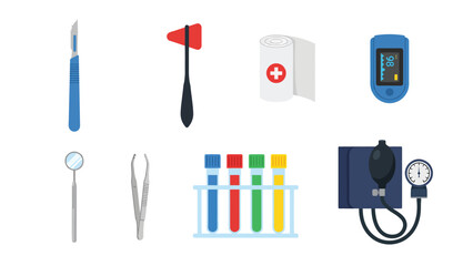 Fototapeta premium Medical Instruments and Healthcare Supplies Set. Essential Diagnostic Tools and Hospital Equipment Icons in Flat Design
