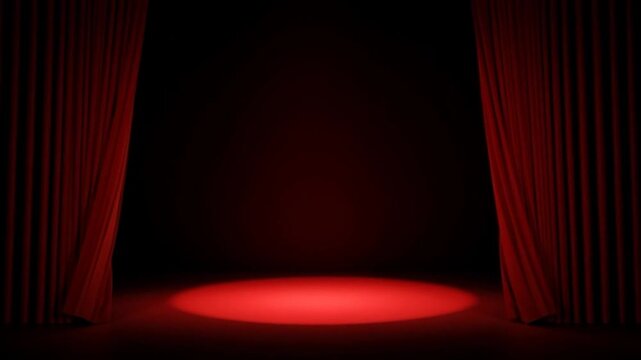 A spotlight shines on a closed red curtain with a slit in the middle on stage.