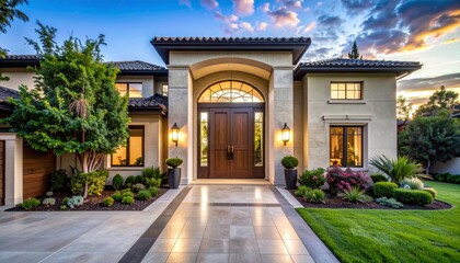 Fototapeta premium Luxury house with arched entrance and landscaped garden at dusk.