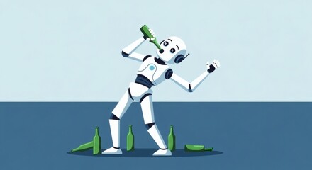 Drunk Robot AI Malfunction with Booze Bottles, and Blue Background.