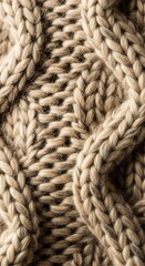 Thick woolen textile exhibits a detailed cable knit pattern in natural beige tones.