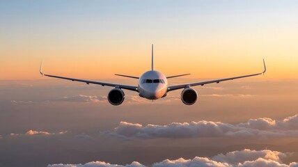 A large commercial airplane soaring through the sky at sunset, wings spread wide.