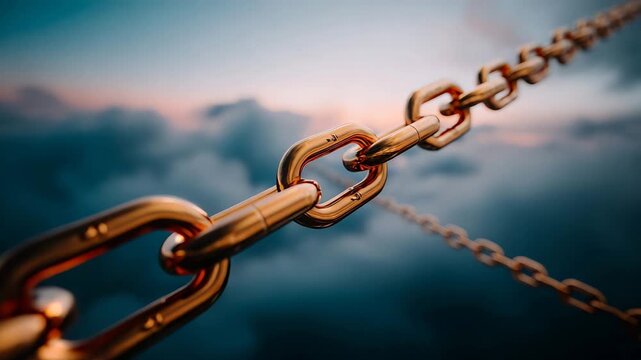 Golden Chain Links Moving Through Dramatic Sky: Cinematic 4K Footage Clip