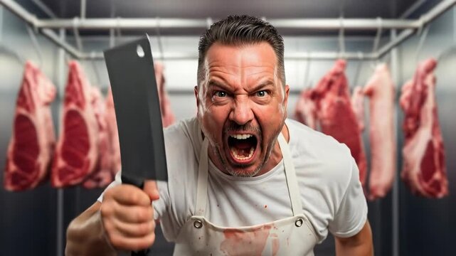 Angry middle aged Caucasian male butcher shouting and holding a meat cleaver in a cold storage room with hanging carcasses