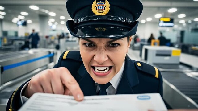 Angry female airport security officer in uniform shouting and pointing at a document in a terminal, middle-aged Caucasian woman expressing frustration and authority at a baggage claim area.
