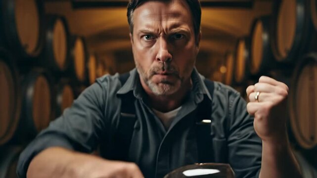 Angry middle aged Caucasian male winemaker holding a wine glass and clenching his fist in a dark cellar with wooden barrels