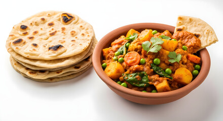 South Asian Home-Cooked Vegetable Curry with Chapati on White