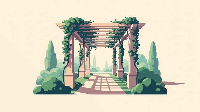 A pixel art garden walkway with a vine-covered pergola and cypress trees