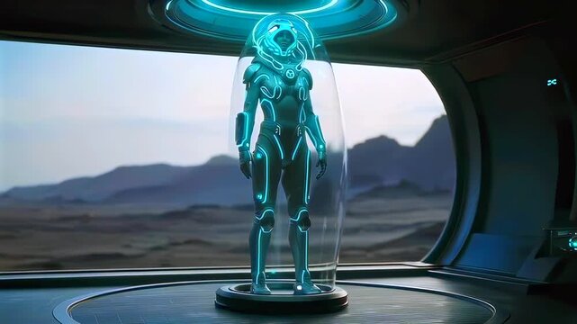 holographic spacesuit stands in habitat window with alien plateau outside, soft dawn light and curved capsule interior, projection ring above, pilot engineer inspection mood, futuristic