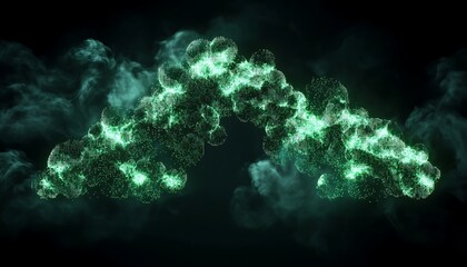An abstract glowing green cloud formation resembling a bridge or archway against a dark background