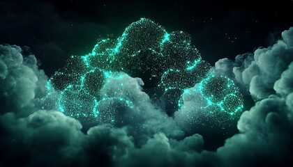 An ethereal glowing teal mountain emerges from swirling dark atmospheric clouds in a dramatic scene