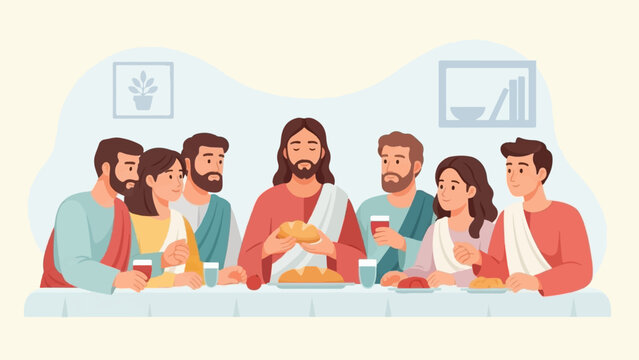 A religious gathering of people sharing a meal at a long table