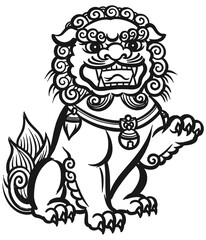 Traditional Chinese guardian lion barongsai illustration in black and white line art style