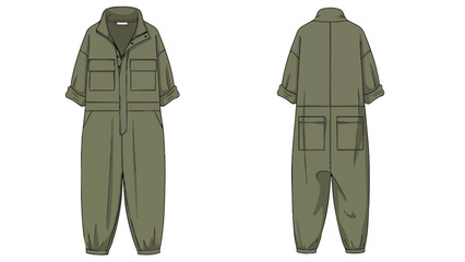 Naklejka premium Technical flat sketch of a relaxed-fit sage green utility jumpsuit, front and back views
