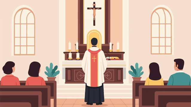 A priest leads a congregation in a serene church service with decorative windows and plants