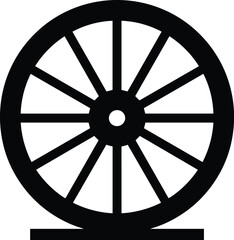 Minimal vector wheel icon silhouette, solid black, symmetrical spoke design, smooth edges, flat modern style, isolated on white.