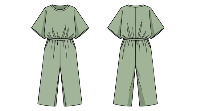 Technical flat drawing of a chic sage green women's jumpsuit featuring wide dolman sleeves and elasticized waist for modern comfort and versatile