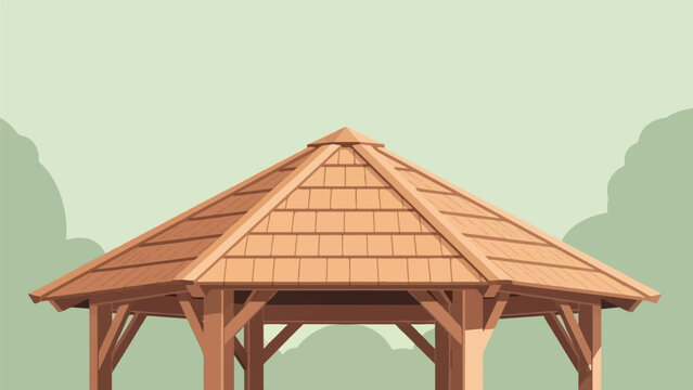 A simple wooden gazebo with a shingled roof against a pale green sky