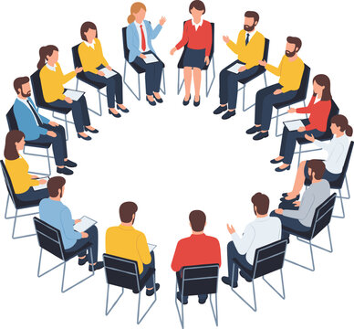 Business meeting discussion group sitting in circle teamwork communication flat vector illustration set