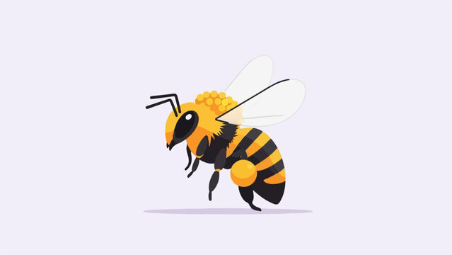 A stylized cartoon bee with orange and black stripes on a light purple background