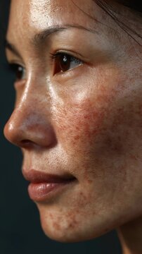 Extreme close-up of sensitive Asian skin with redness and irritation, detailed view of skin texture damaged by chemical exfoliation or BHA.