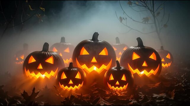 Lit pumpkins in atmospheric fog against dark background with spooky glow