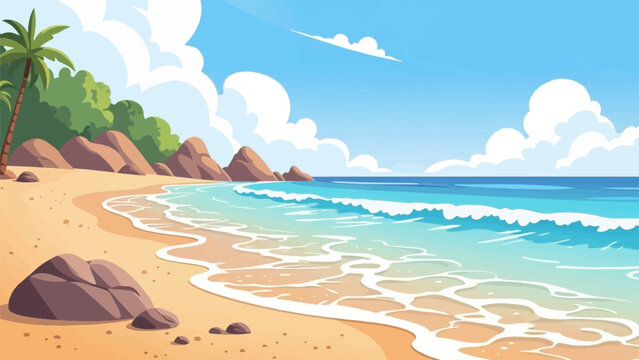 A vibrant, pixelated tropical beach scene with turquoise waves and palm trees