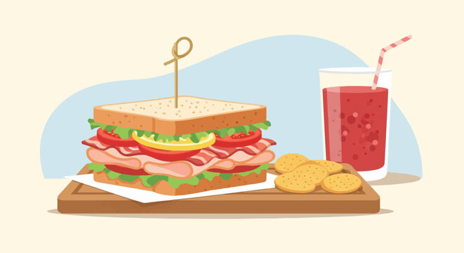 A tall sandwich with meat, cheese, and vegetables, served with chips and a beverage