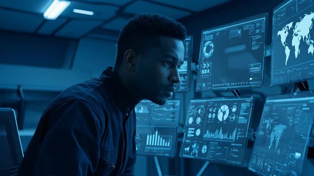 African american man monitoring industrial mining data on multiple screens in a control room, technology footage