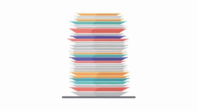 A tall stack of colorful flat dishes, varying in shades of white, grey, red, teal, purple, and yellow