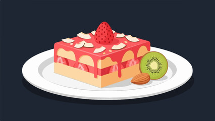 A square strawberry cake with kiwi slices and almonds on a white plate