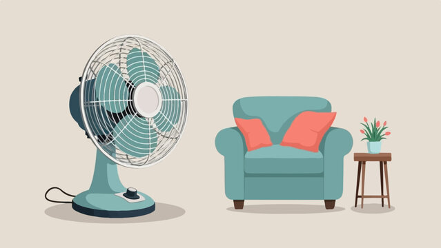 A vintage fan sits beside a comfy armchair and a small table with flowers