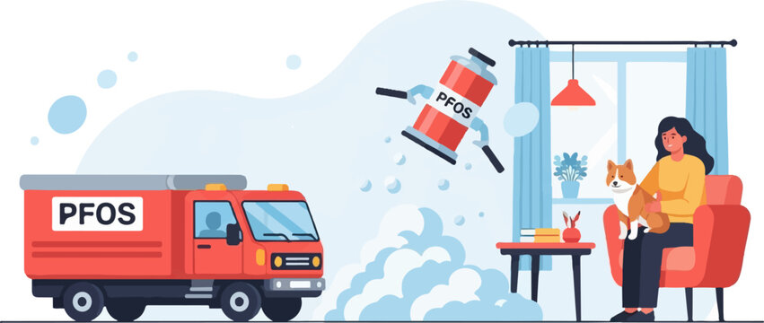 A woman and dog relax indoors while a truck and spray can labeled PFOS indicate potential environmental concerns