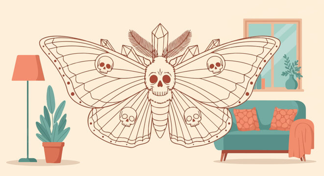 A stylized moth with skull markings and crystal accents in a cozy room