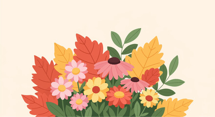 Obraz premium A vibrant autumn floral arrangement with warm-colored leaves and diverse blooms