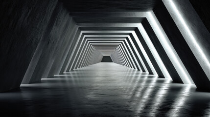 Naklejka premium Modern concrete tunnel with geometric shapes and bright linear lighting receding into the distance. An endless, futuristic architectural corridor with a polished concrete floor reflecting the stark.