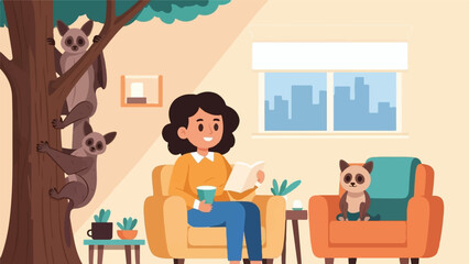 Obraz na płótnie Canvas A woman relaxes reading a book with animals nearby in a cozy indoor setting