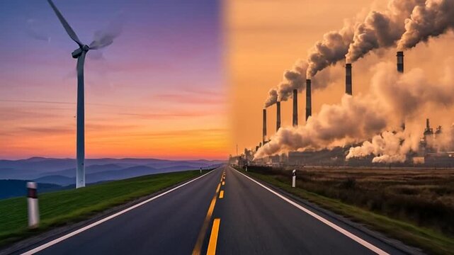 A split road scene contrasts renewable energy wind turbines with a polluting industrial factory at sunset.