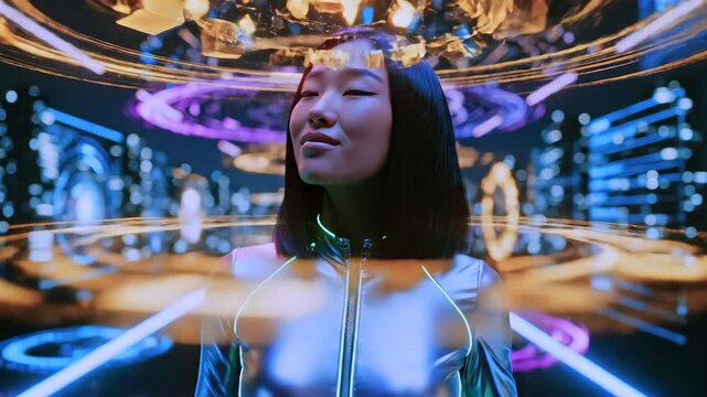 woman walking through neon data corridor interacting with holographic panels and circular displays, reflective suit, confident navigator gesture, cyber city backdrop, immersive interface