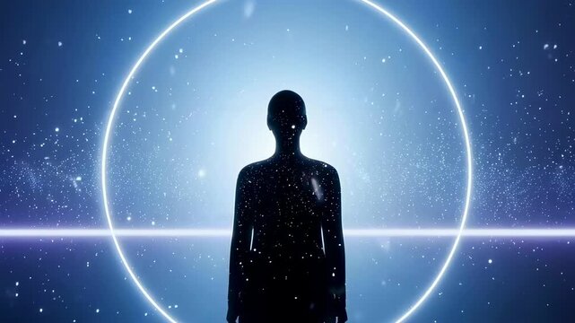 Silhouette figure before glowing circle and horizontal beam, starlit backdrop and soft blue luminescence create contemplative scene, evocative of inner journey, threshold crossing and astral