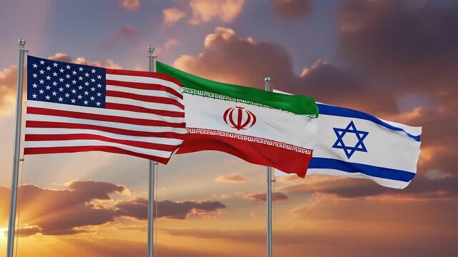 USA Iran Israel Flags Waving Sunset Sky Cinematic International Relations Middle East Diplomacy Geopolitical
