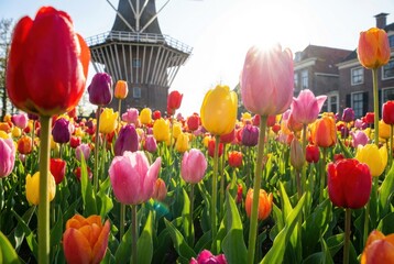 Vibrant tulip field with windmill Vector