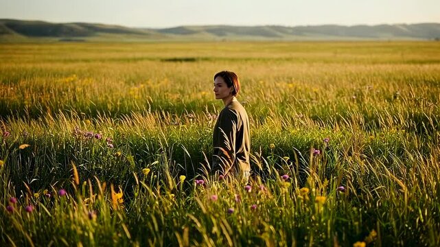 asian woman walking through golden meadow sunset light bathes wildflowers and tall grass cinematic side profile captures quiet reflection of lone traveler crossing rural prairie with warm