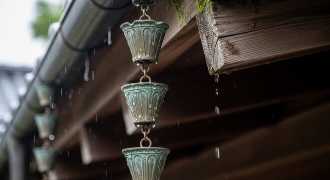 Ornate metal water conductor cups channel rainfall from a roof structure during wet weather